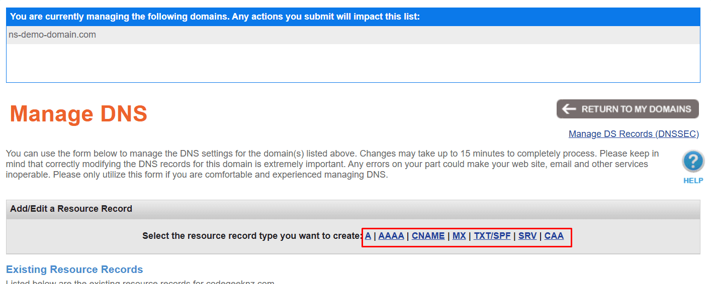namesilo dns record type options