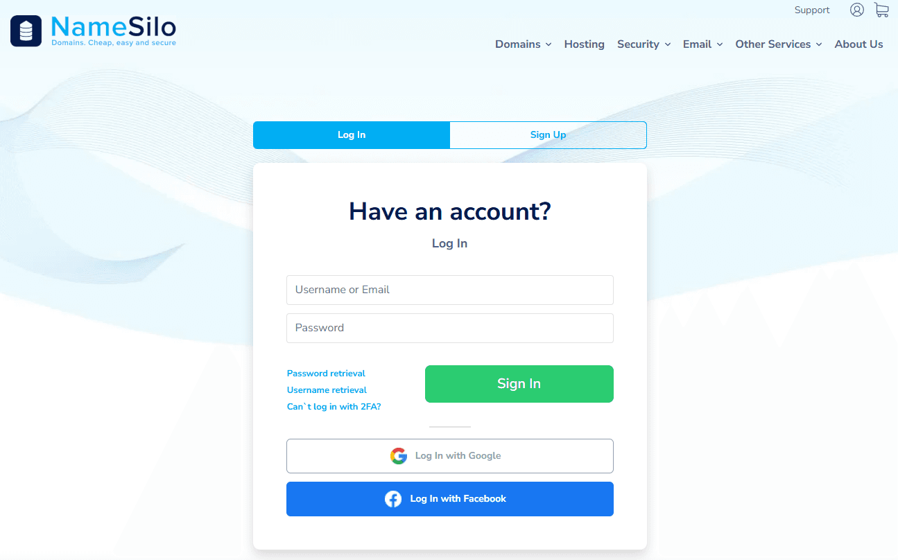 namesilo login page